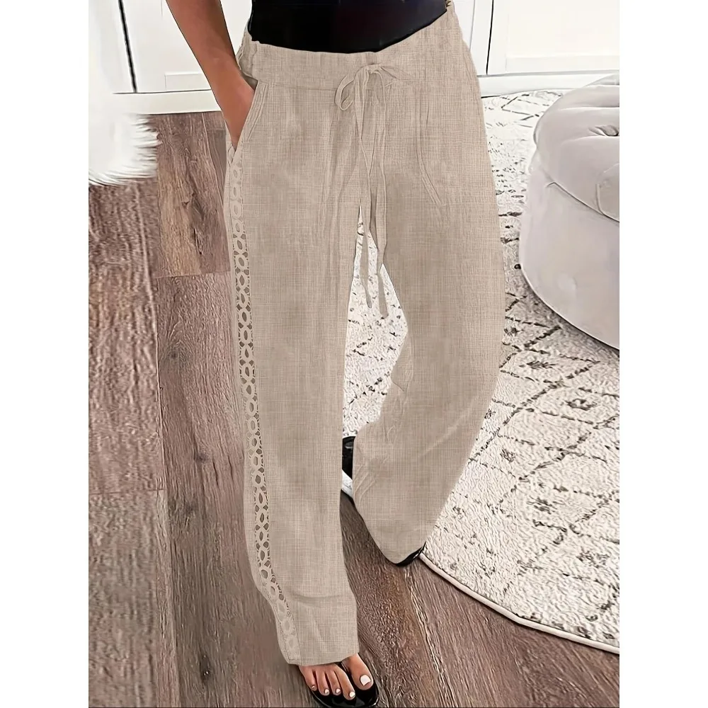 Pantalones de talla grande con ribete de encaje lateral para mujer, pantalones de Color sólido, diseño ajustado de punto, tela de espesor moderado, pantalones para todas las estaciones