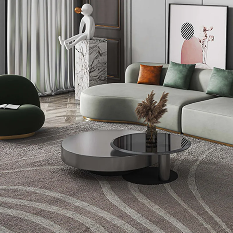 Stainless steel round coffee table simple small apartment tempered glass