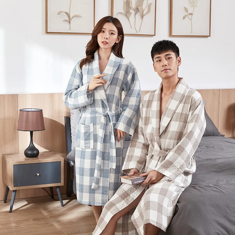 

Women Robes Winter Warm 100% Cotton 3 Layers Gauze Sleepwear Men Pajamas Home Clothes Plaid Dressing Gron Kimono Hotel Bathrobe