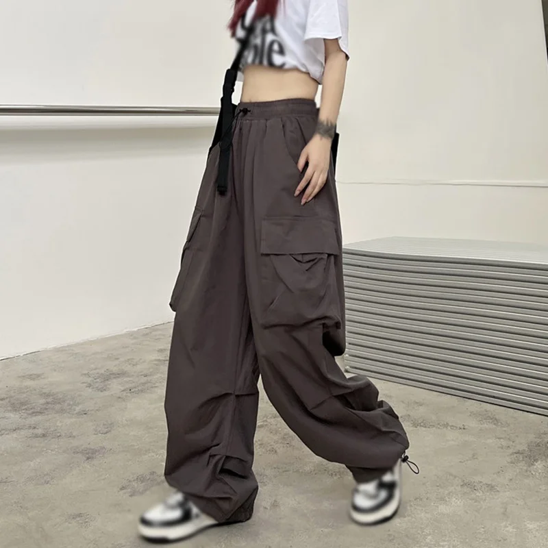 women's Design sense high street cargo pants loose straight wide leg large pocket casual retro corset grey 3XL designer .