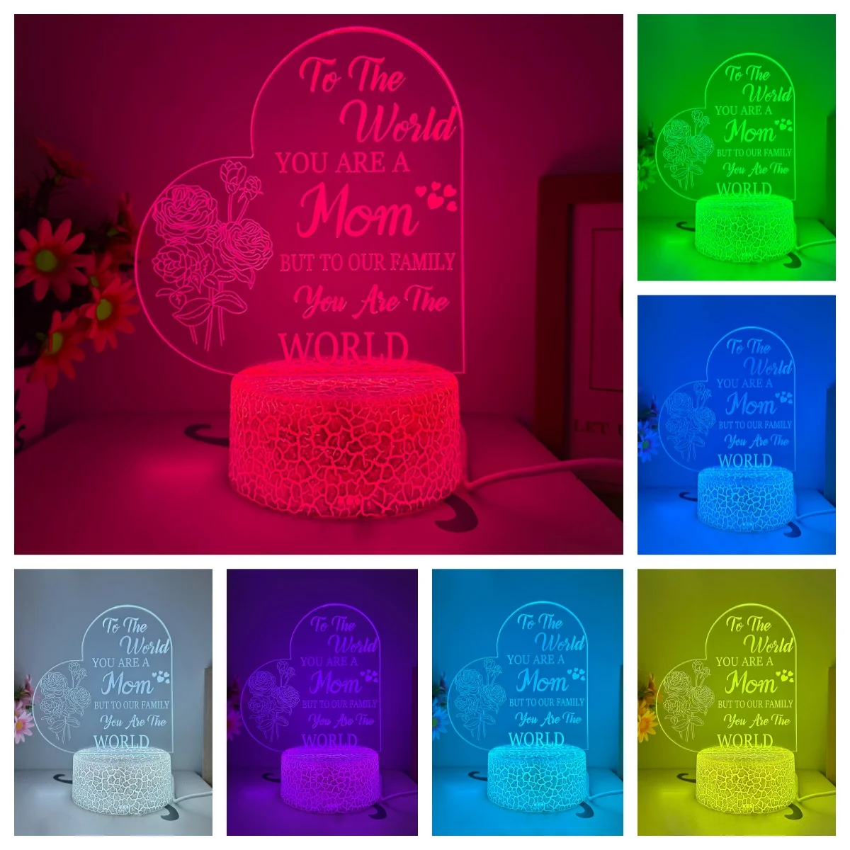 3D Mother flowers Love 3D nightlights, room and living room table decorative lights, holiday gifts, color adjustable.