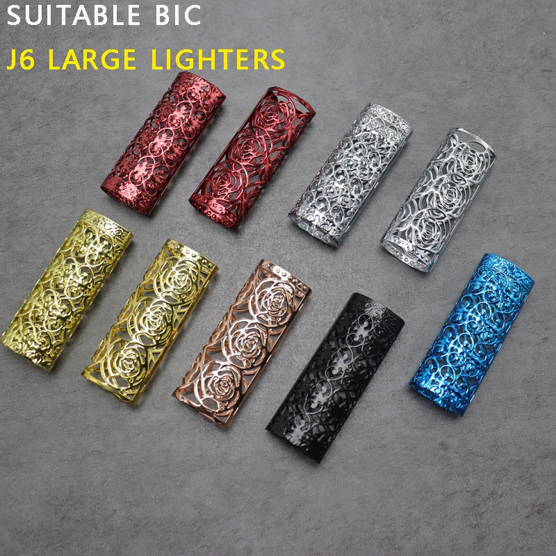 1 Pcs For BIC J6 Large Lighter  Alloy Hollow Carved Exquisite Rose Pattern Cover Case Creative Metal Shell