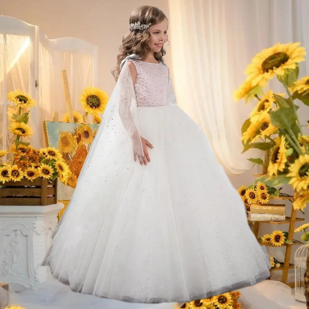 

Elegant White Flower Girl Dress Tulle Fluffy for Wedding Pearl Lace Appliques Little Princess Birthday Evening Party Ball Gowns