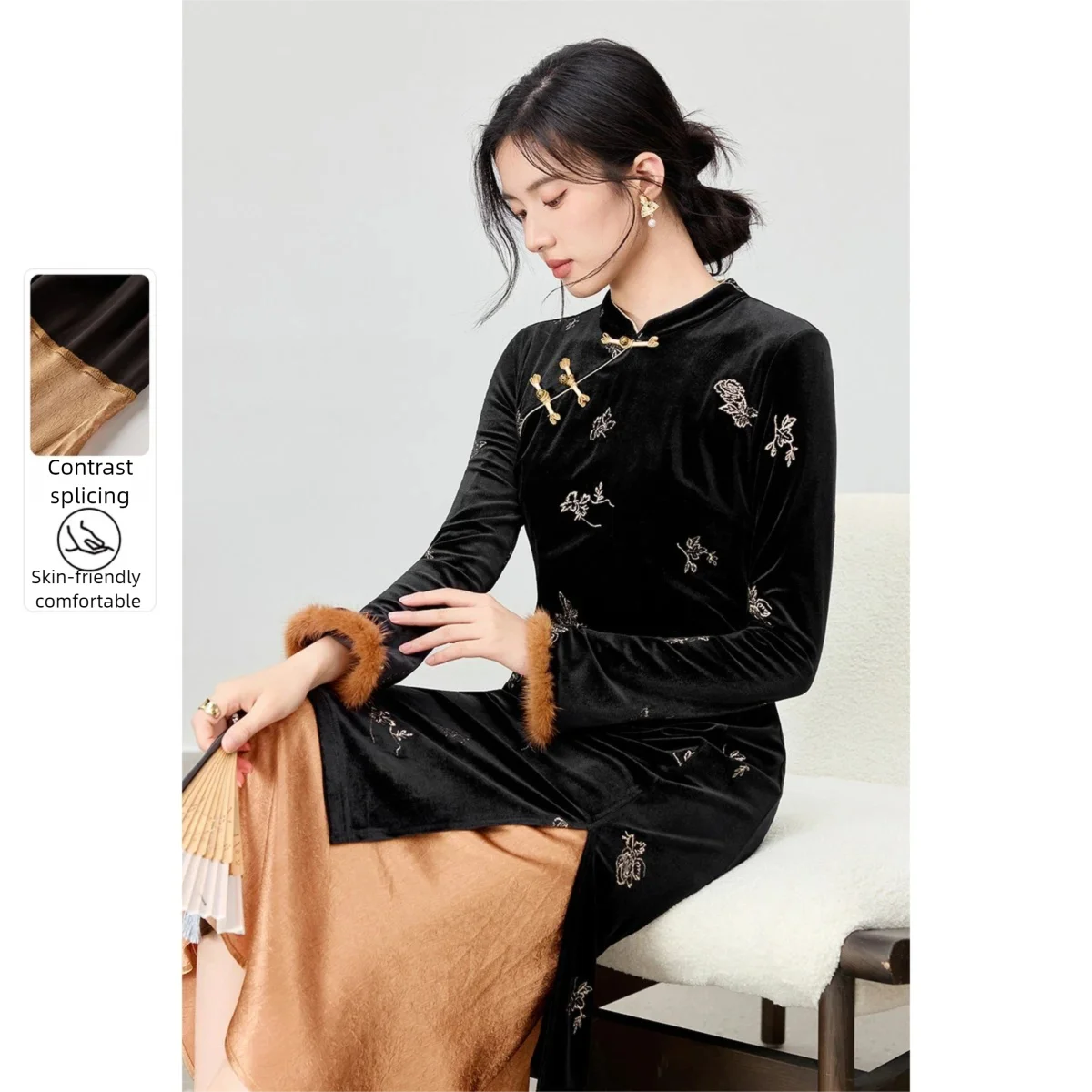 SENTUBILA Elegant Chinese Style Dresses for Woman Stand Neck Contrasting Color Dress Long Sleeve Fake Two-Piece Dress Q54LV3705