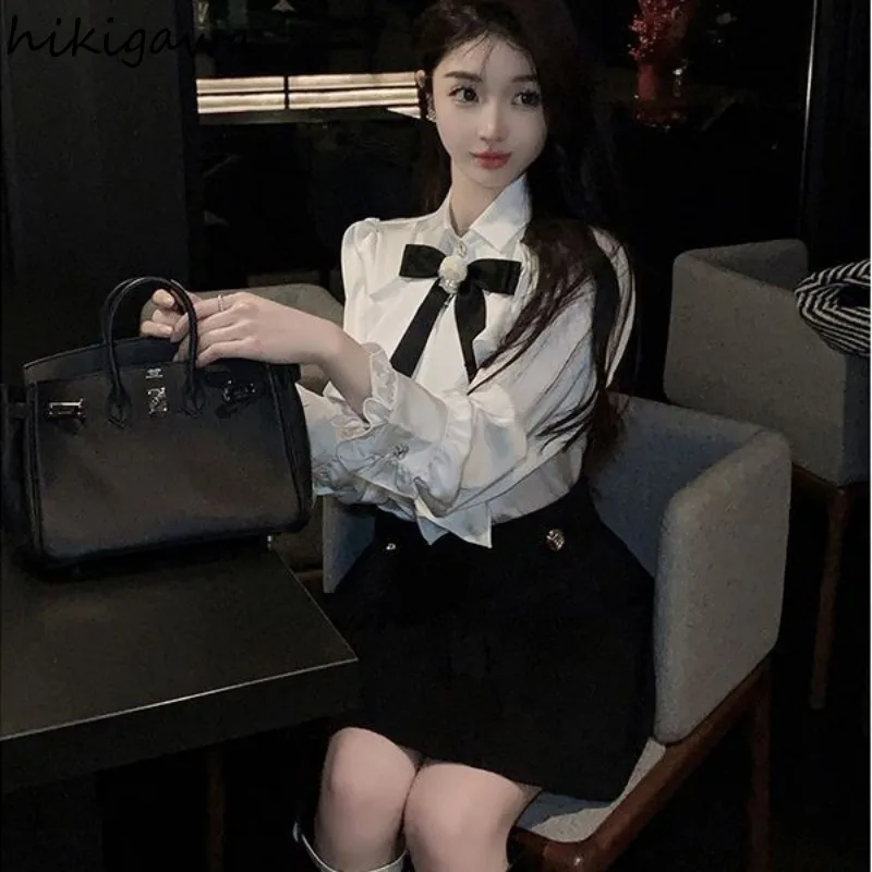 White Blouse for Women Long Sleeve Bow Shirts 2024 Blusas Mujer De Moda Temperament Ladies Tops Ruffles Fashion Korean Blouses