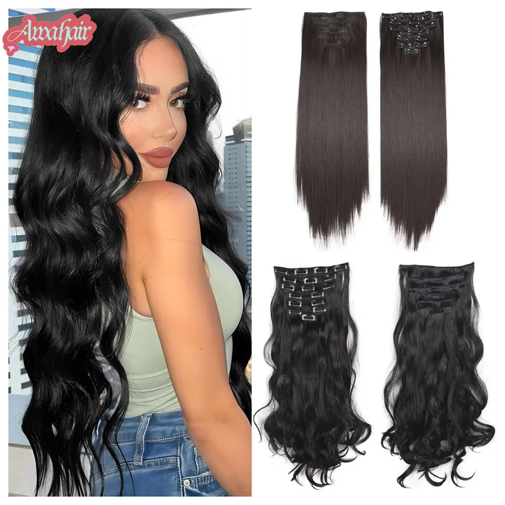 

Women Full Head Synthetic Straight Hair Extensions 6Pcs/Set 24InchSynthetic Hair Clip In Long Wavy Thick Hairpieces For