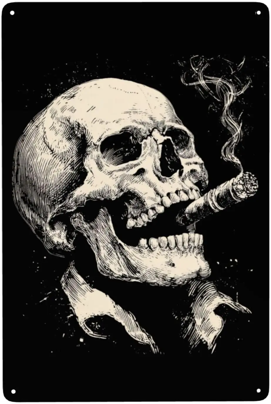 Edgy Skull Smoking Cigar Vintage Metal Tin Sign Wall Art. Retro Decor For Gothic-Styles Enthusiasts, Man Cave Wall Art; Adds Bol