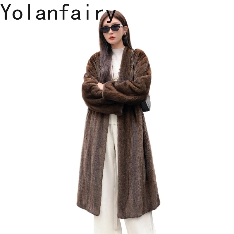 

YOLANFAIRY Женская шуба из натурального норкового натурального меха, роскошная зимняя 25, длинная шуба из натурального меха с v-образным вырезом, элегантная черная шуба Abrigos Mujer