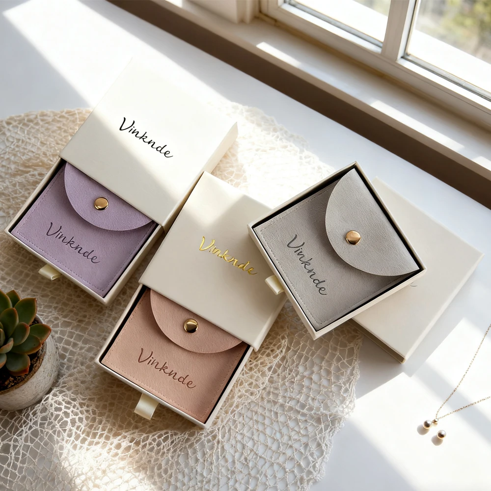 

50pcs Personalization Logo Beige Cardboard Jewelry Box Drawer Sliding for Earring Bracelet Necklace Packaging Boxes Bag Pouches