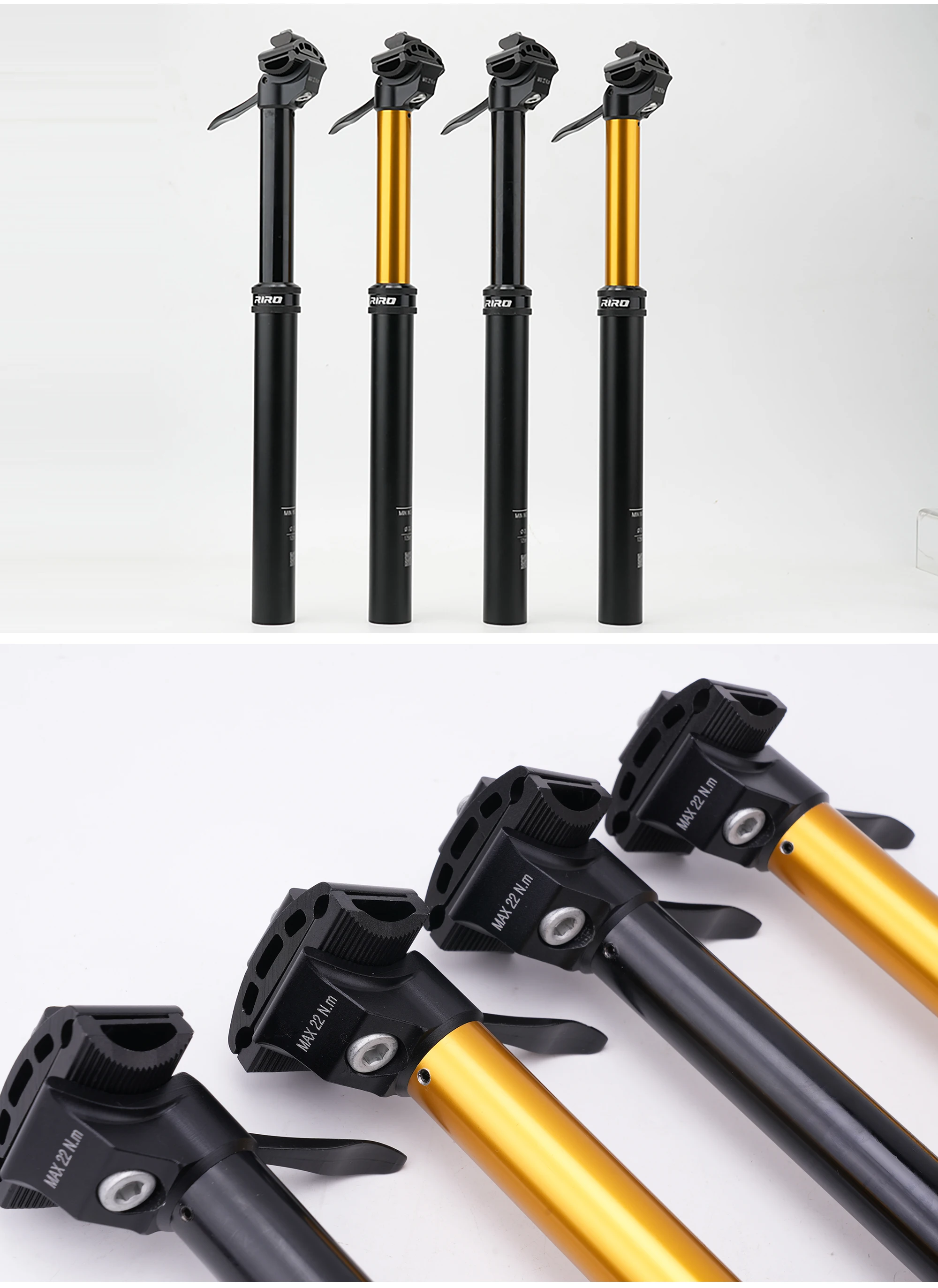 RIRO MTB Dropper-Sattelstütze, hydraulisch, handgesteuert, teleskopierbar, Sattelrohr, Gold/Schwarz, 27,2/30,9/31,6 mm Durchmesser, 100/125 mm Verstellweg – Detail 15