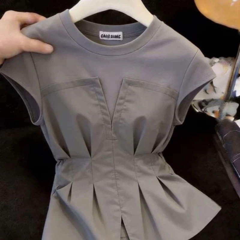 

Women's Fashion Fake Two Piece Waist Tie Pleated Blouse Summer New Trendy Office Top