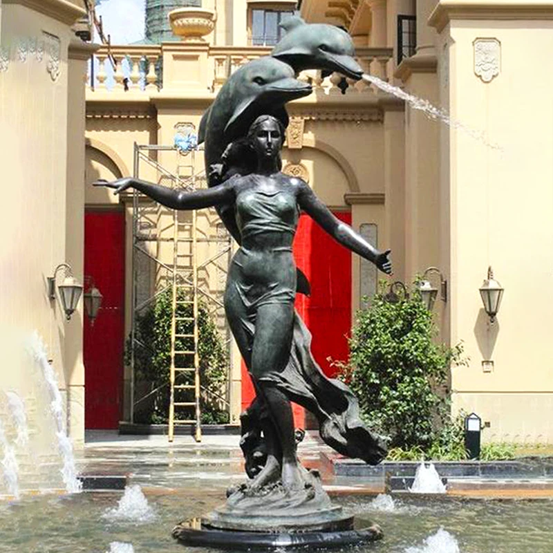 

Cast copper fiberglass dolphin sculpture custom European water feature bronze metal church western Muse figure statue