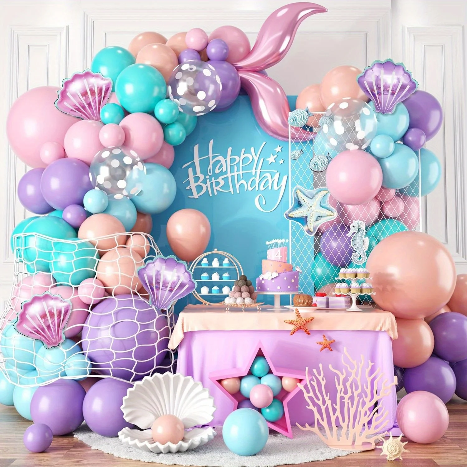 127pcs Mermaid Balloon Arch Set, Pink Purple Orange Blue Dot Balloon Ocean Theme Mermaid Princess Birthday Party Decoration