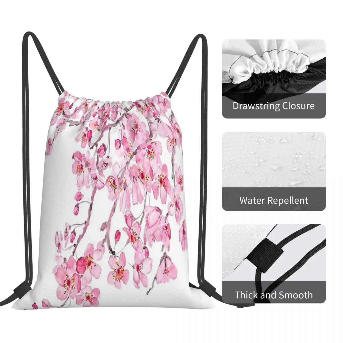 Rosa cereja flor aquarela Drawstring saco, verão tecido mochila, moda esportes, 2020