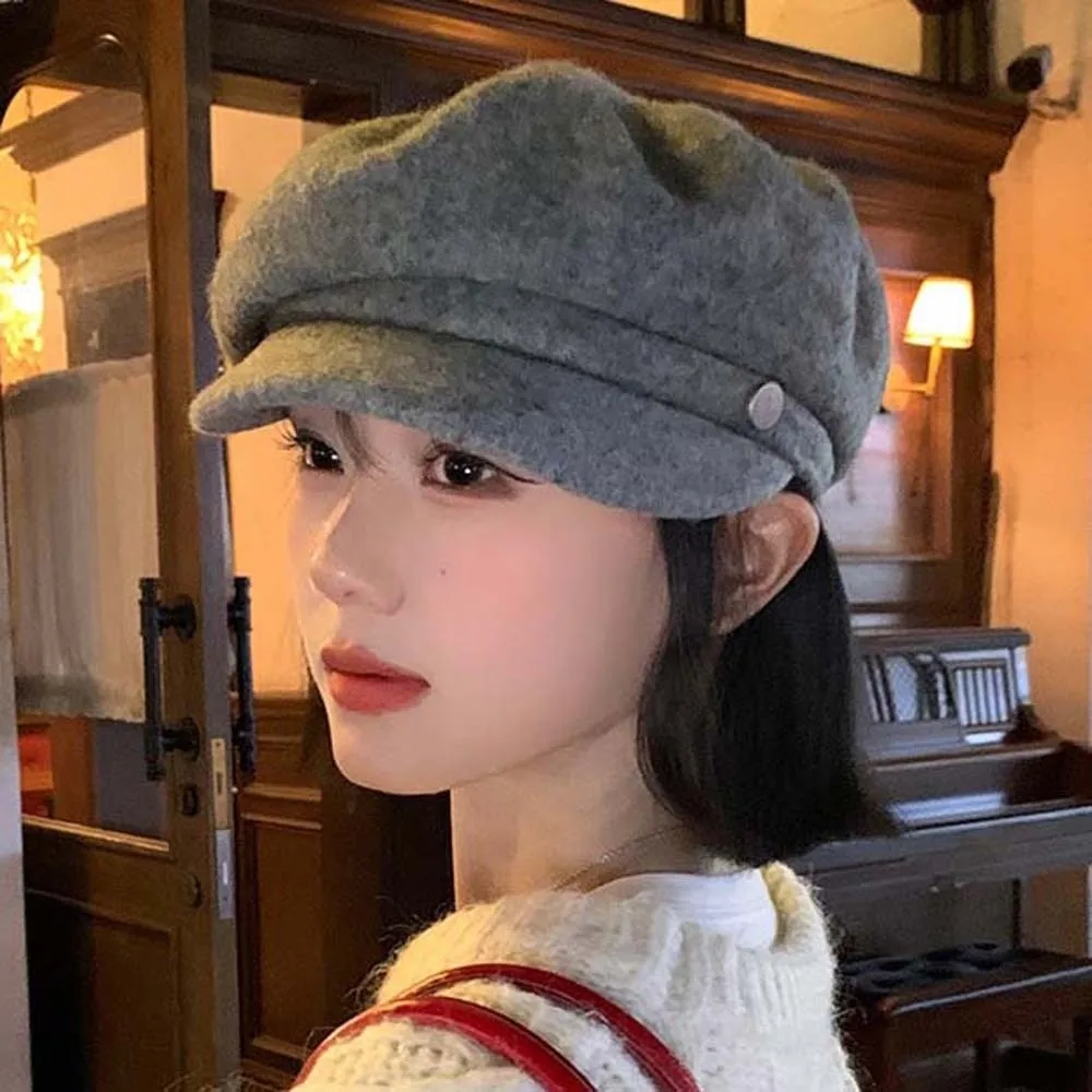 

Сплошной цвет, шерстяной берет, купольная кепка в британском стиле, женская кепка художника, большая окружность головы, вязаная восьмиугольная шапка без полей, зимняя