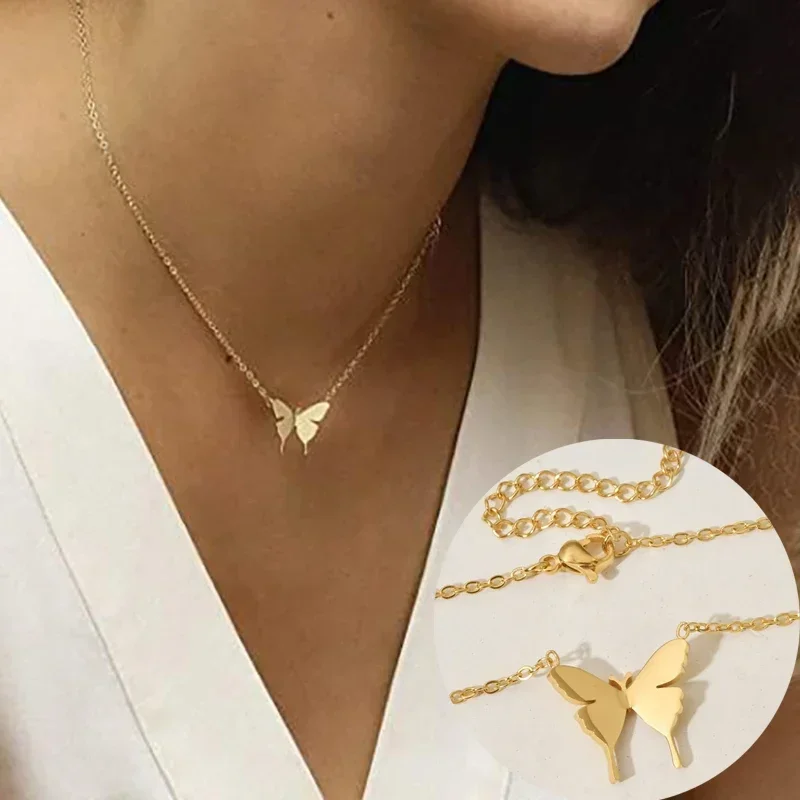 Vintage Butterfly Necklace Women Golden Stainless Steel Blade Fine Chain Aesthetic Charms Choker Women Jewelry Gift To Women