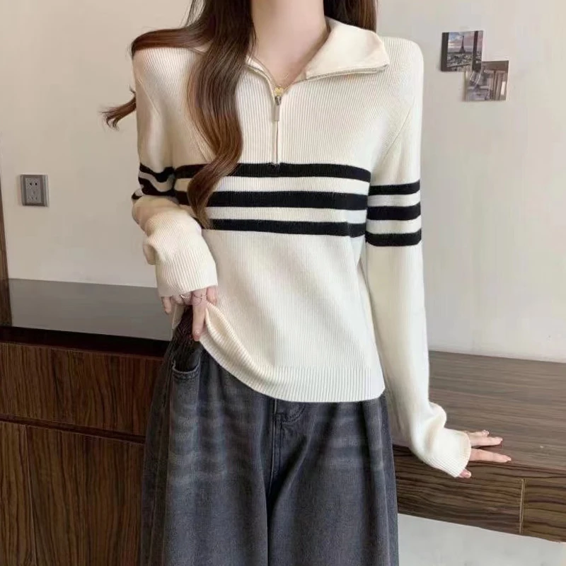 Women's Korean Striped Zipper Lapel Long Sleeve Casual All-match Knitted Sweater