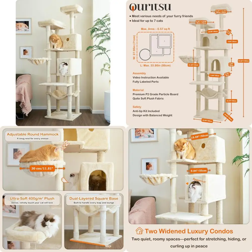 

Большая комнатная башня для лазанья для кошек высотой 73,6 с 2 бытами, 2 насестами, сизалевым чехлом для больших кошек