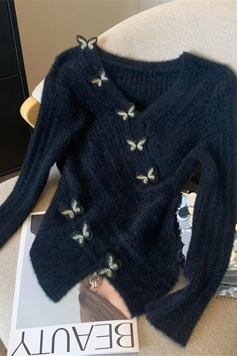 

Hepburn Style Black V Neck Mohair Sweater for Women Autumn Winter Chic Bow Design Irregular Short Knit Top Pure and Sweet Look