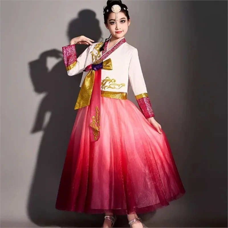 

2026 New Children's Embroidered Korean Costume Girls' Long Sleeve Dance Dress Students' Hanbok Performance Costume Dress LI662
