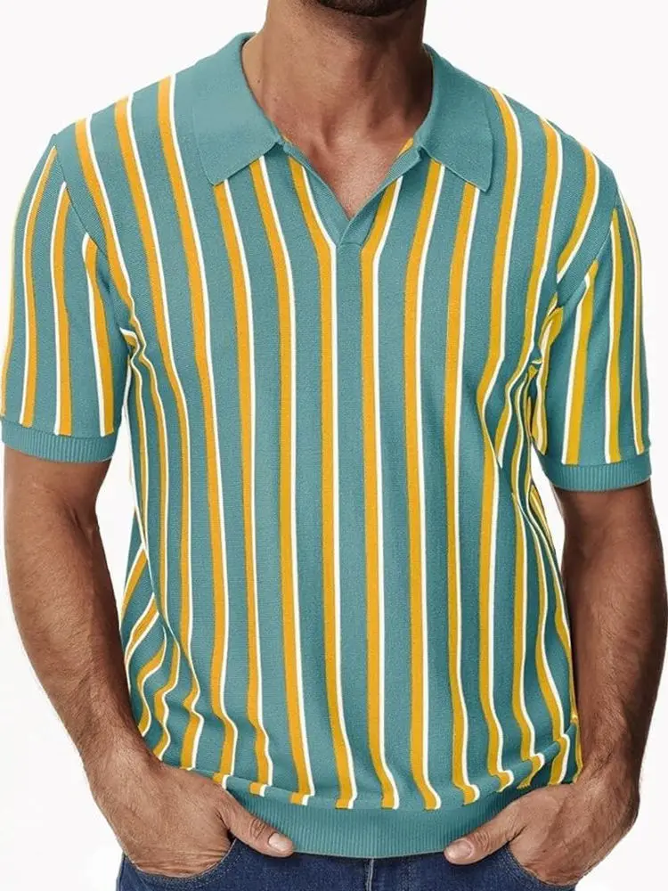 

Summer Knitted irt Men's ort Sve Turn-down Collar Striped Casual Top Trendy Polyester Fabric Basic Sle