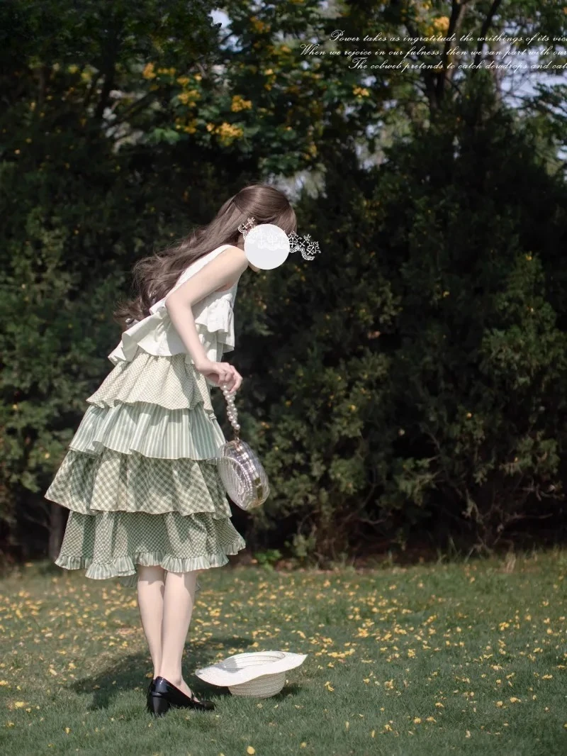 Sukienka Lolita Zielona Falbanka Tort Letnia Nowa Wakacyjna Słodka Dziewczęca Łączona Bez Rękawów Trapezowa Sukienka Midi