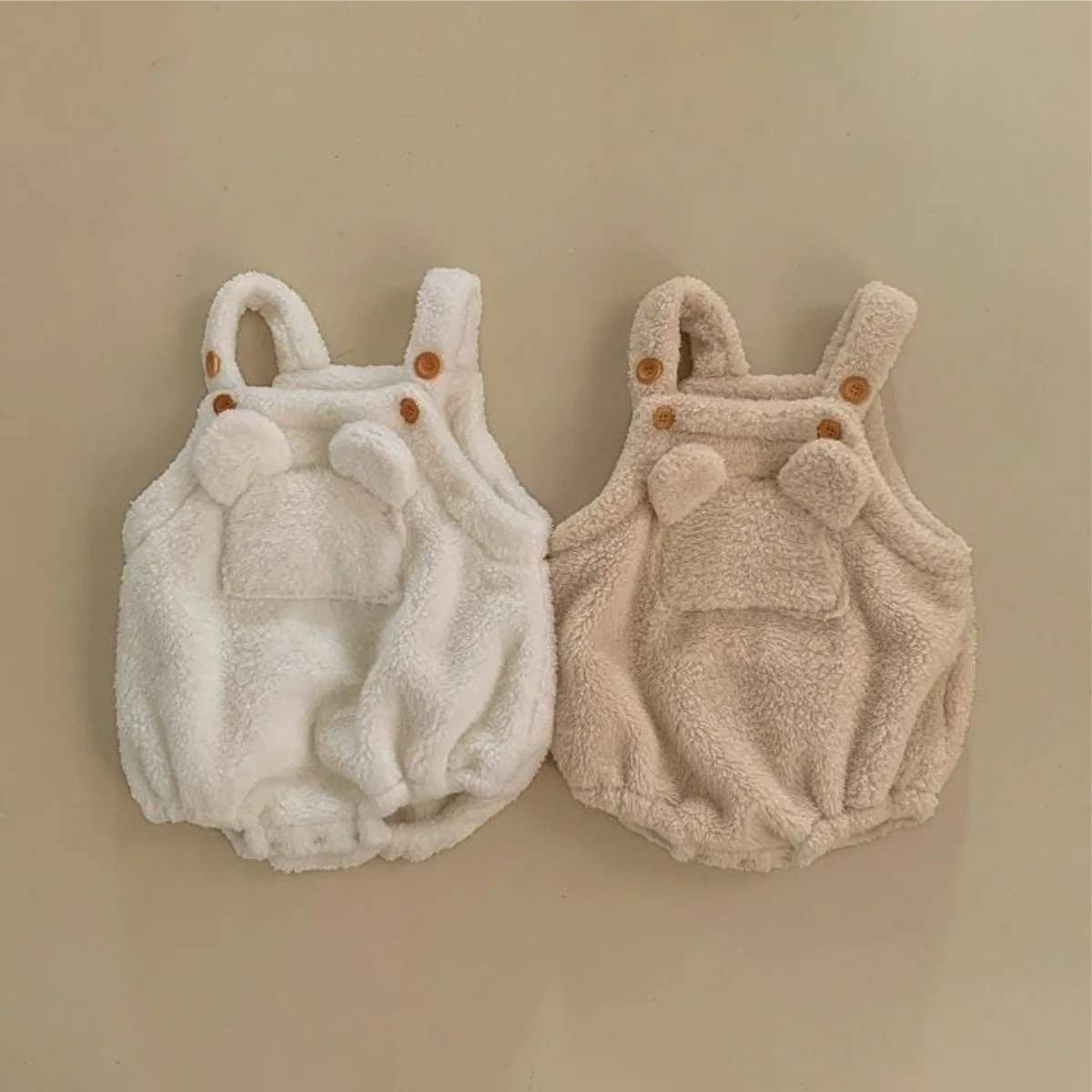 

2025 Winter Boy Girl Newborn Cute Bear Ear Plush Jumpsuit New Baby Sleeveless Warm Bodysuits Solid Infant Fleece Clothes 0-24m
