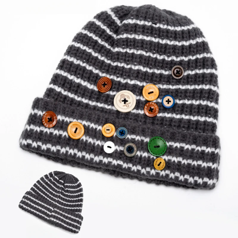 Women's Pullover Knit Hat Acrylic Striped Beanie with Colorful Button Accents Perfect for Fall and Winter 54-60cm