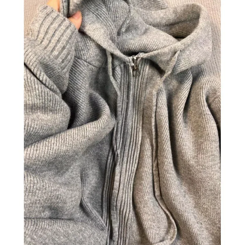 Gray Hooded Sweater Coat Women Spring Autumn Double Zipper Long Sleeve Loose Knitted Cardigans Simple All-matched Hoodies