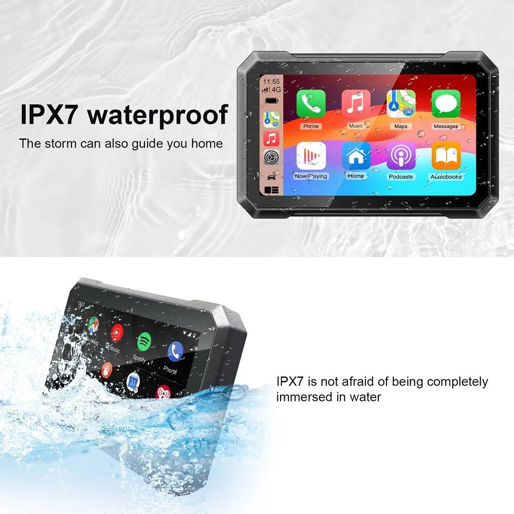 Motorcycle Wireless GPS Carplay 7 Inch IPS Touch Screen IPX7 Waterproof Car Navigation CarPlay and Android with Light Sensing