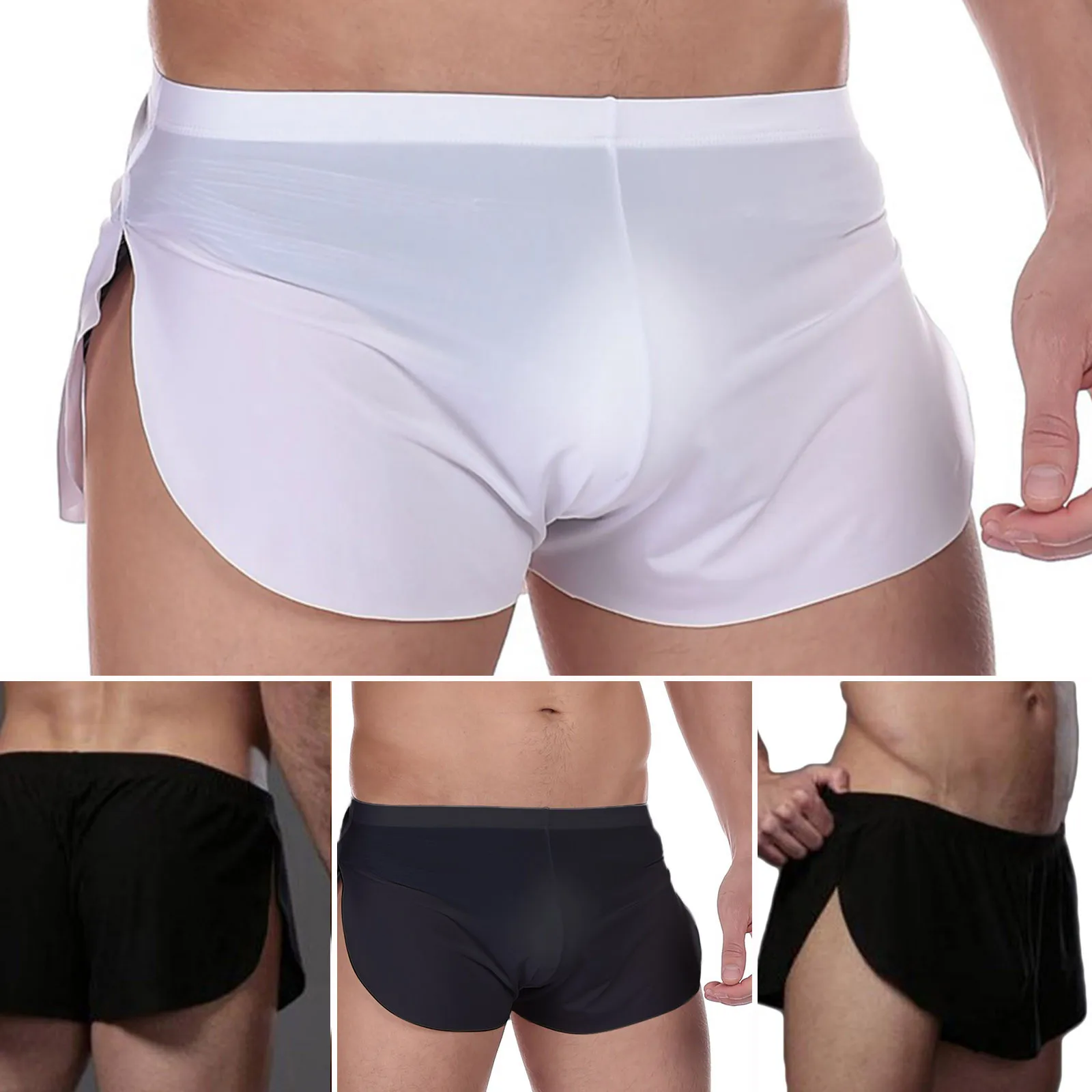 Men'S Underpants Sexy Solid Color Round Three-Point Pants Home Silky Thin Breathable Translucent Shorts Loose Causal Aro Pants