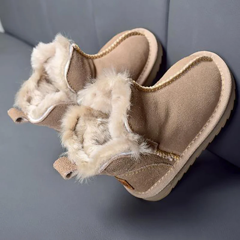 Kids Girls Snow Boots Genuine Fur Fashion Low Help Winter Warm Plush Shoes for Boys Girls Fleece Thick Cotton Boots