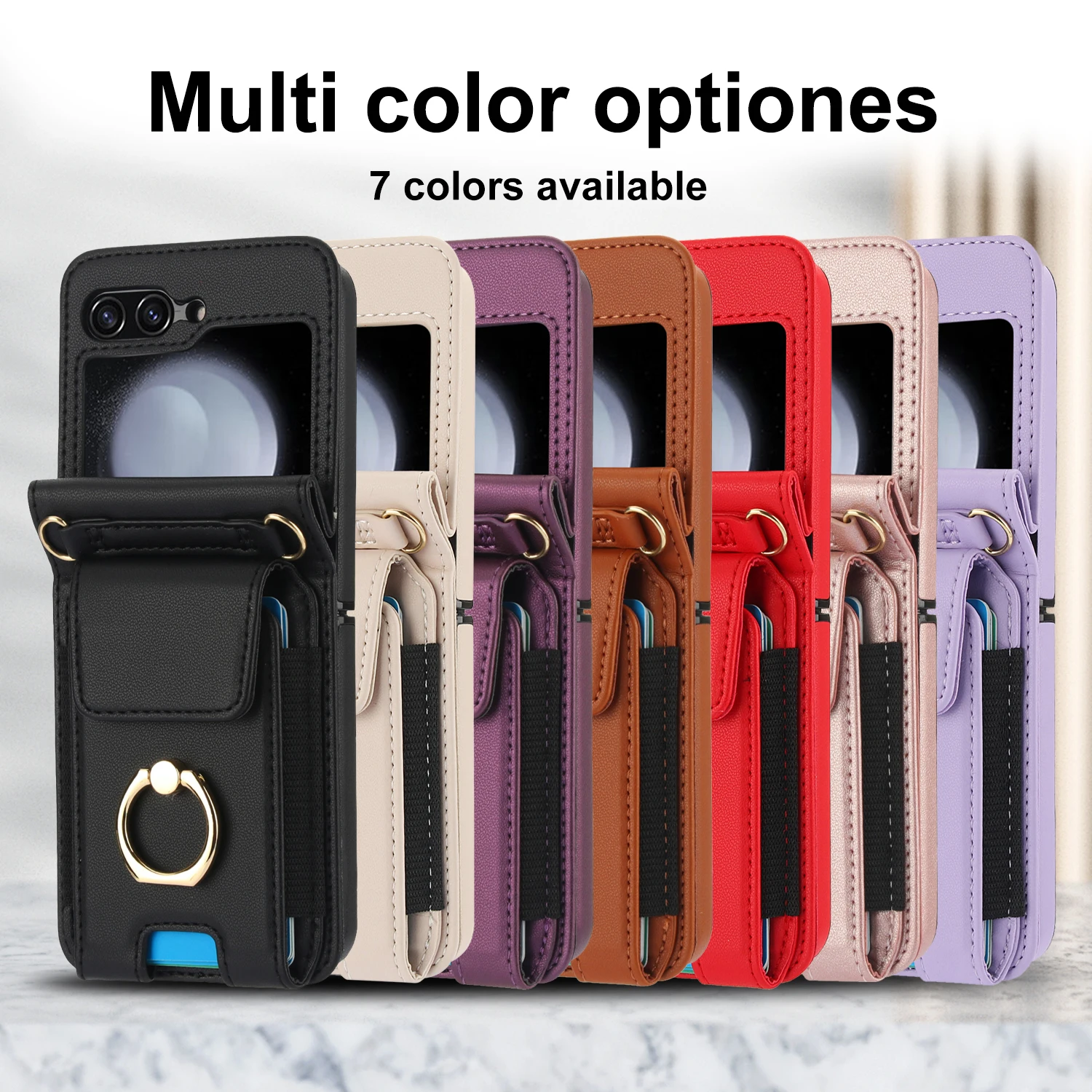 Crossbody Elastic Card Solt Leather Ring Holder Case For Samsung Galaxy Z Flip 6 5 4 3 5G Flip6 Flip5 Lanyard Vertical Bag Cover