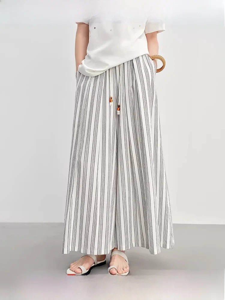 

Простые полосатые брюки с широкими штанинами, эластичным поясом на шнурке, прямого кроя, летние, новинка, большие размеры, женская одежда