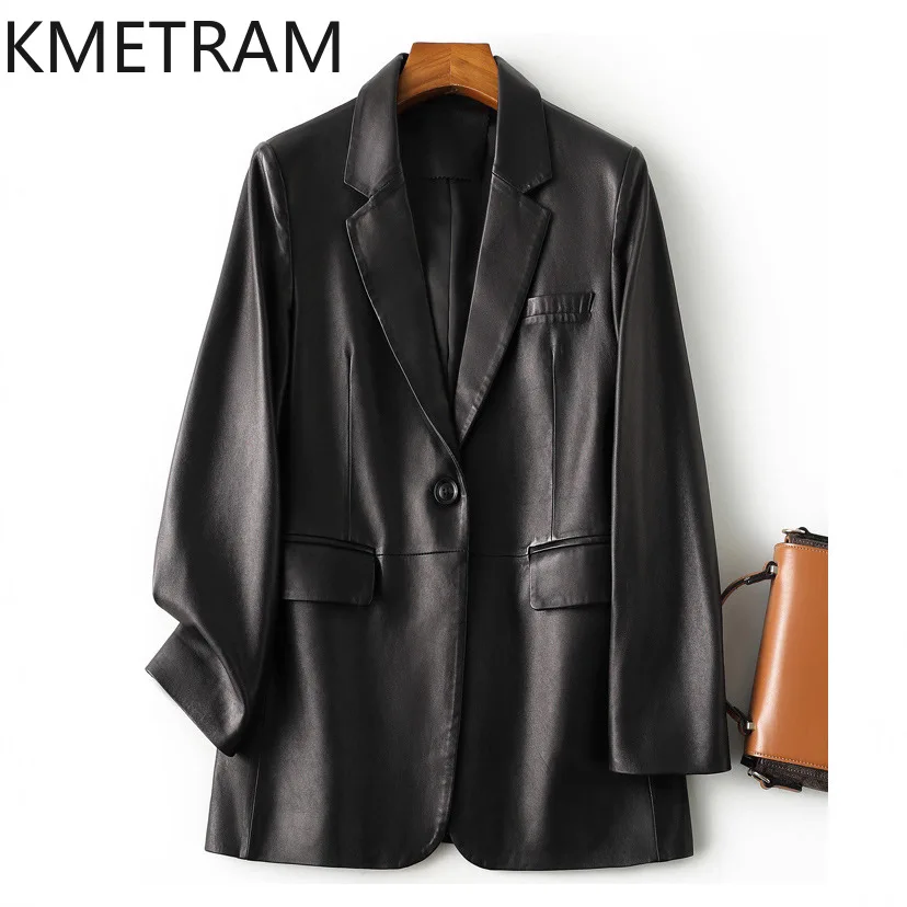 KMETRAM 100% Vegetable-Tanned Sheepskin Real Leather Jacket Woman Retro Suit Coats Fashion Mid-Length Coats Women Clothing 2026