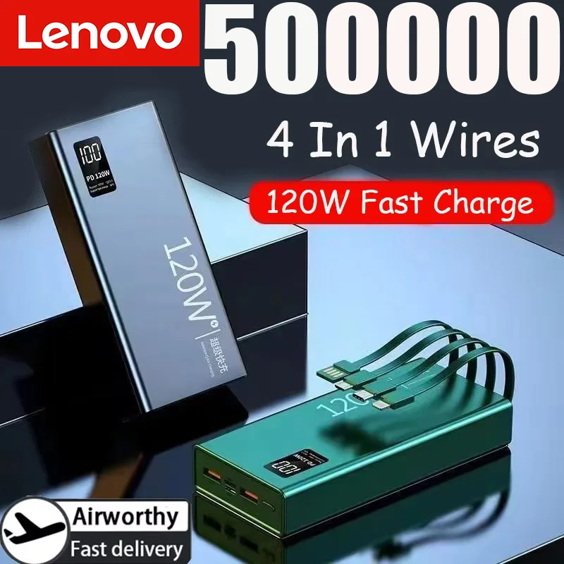 Lenovo 120W 50000mAh High Capacity Power Bank 4 in 1 Cables Super Fast Charging Power Bank Portable Charger For iPhone Samsung