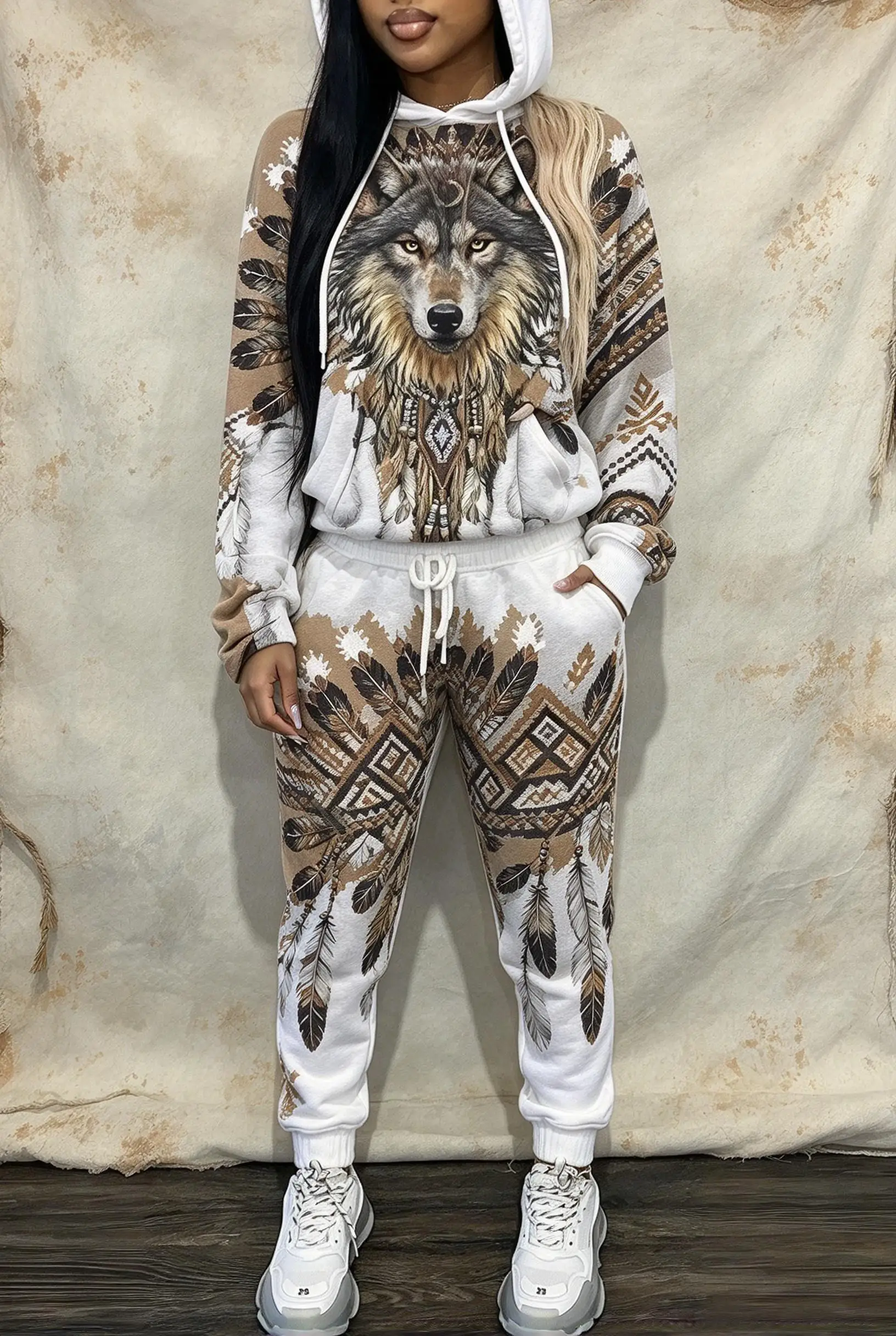 Women Western Aztec Animal Print Hooded Tracksuit 2Pcs, Eagle Horse Wolf Graphic Drawstring Hoodie Jogger Set