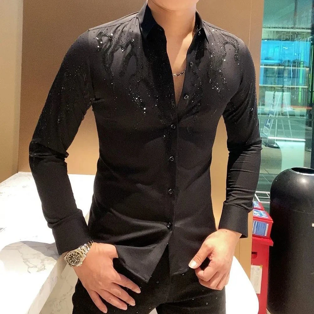 2025 Winter New Men's Solid Color Rhinestone Long-Sleeve Shirt American Retro Fashion Trendy High Street Casual Niche Men's Top