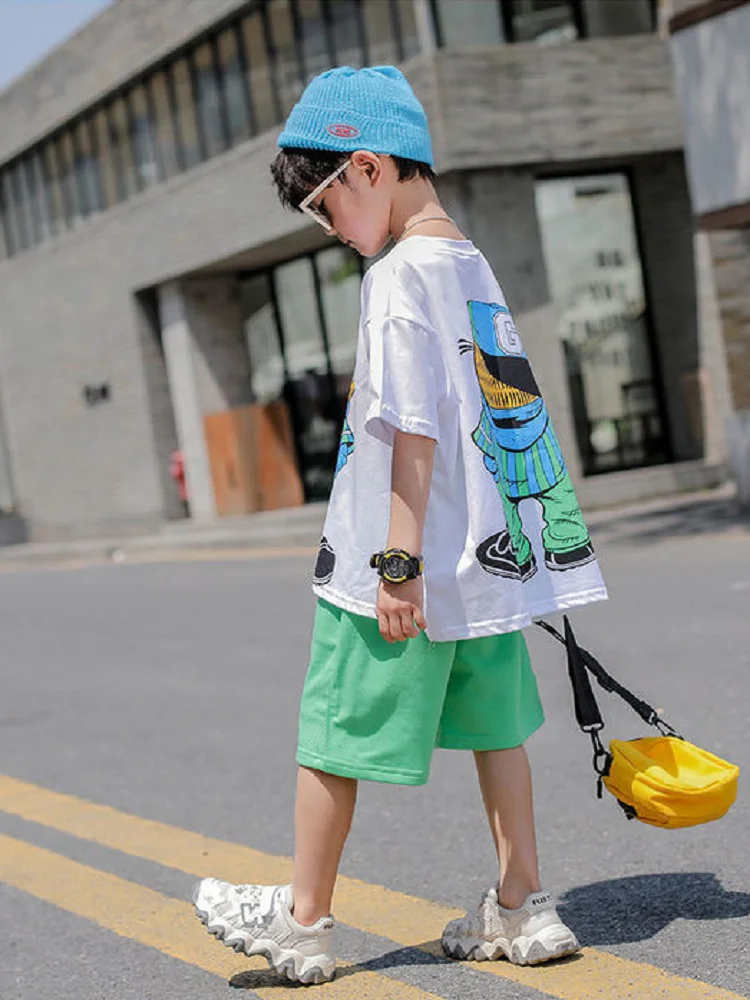 Fashion Summer Teenage Boy Clothes Boys for 4 6 8 10 12 14 Year Hiphop Korean Casual T-Shirt Shorts 2Pcs Sets Funny Cartoon Suit