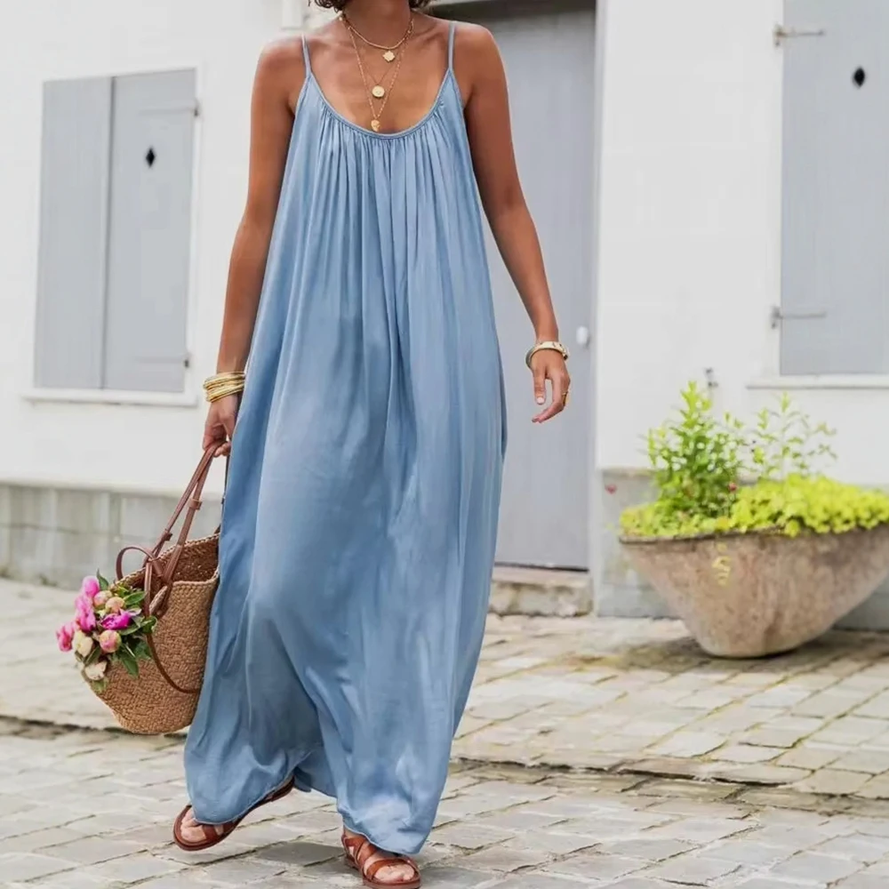 Dresses Spring Summer Basics Daily Folds Plain Sleeveless Scoop Neck Maxi Cami Vacation Dresses For Women