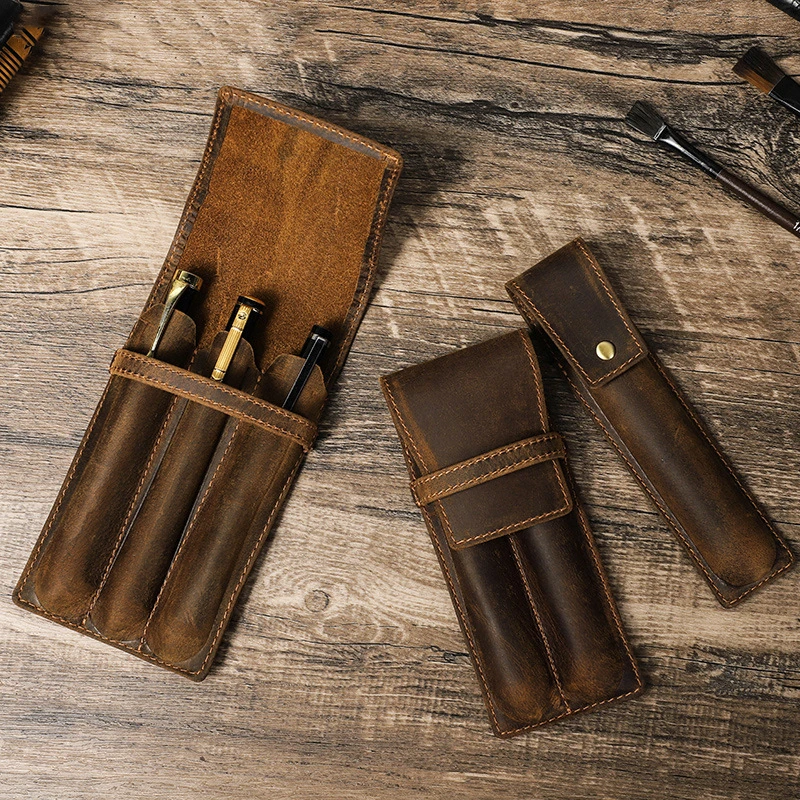 Hand-Made Leather Cowhide Pencil Pen Case Sleeve Storage Bag 1/2/3pcs-Slot Magnetic Drawer Type Student Office Home Gift
