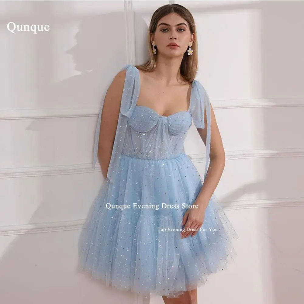 

Qunque Sky Blue Starry Tulle robe de soirée luxe élégante 2024 Mini Prom Dresses Sweetheart Straps With Bow Ruched Party Dresses