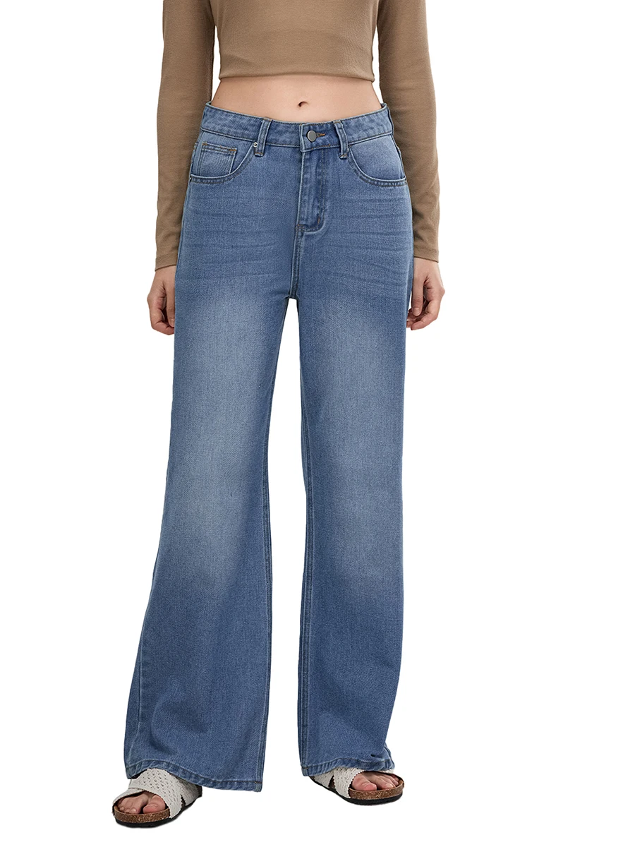 Women Fashion Wide Leg Jeans High Rise Casual Classic Pull-on Baggy Denim Pants with Pockets