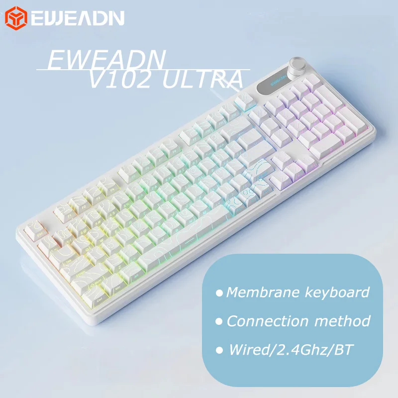 

Беспроводная игровая клавиатура EWEADN V102 RGB с подсветкой, экраном и медиа-кнопкой, три режима подключения: BT5.0, 2.4GHz, проводной (мембранный), Bluetooth