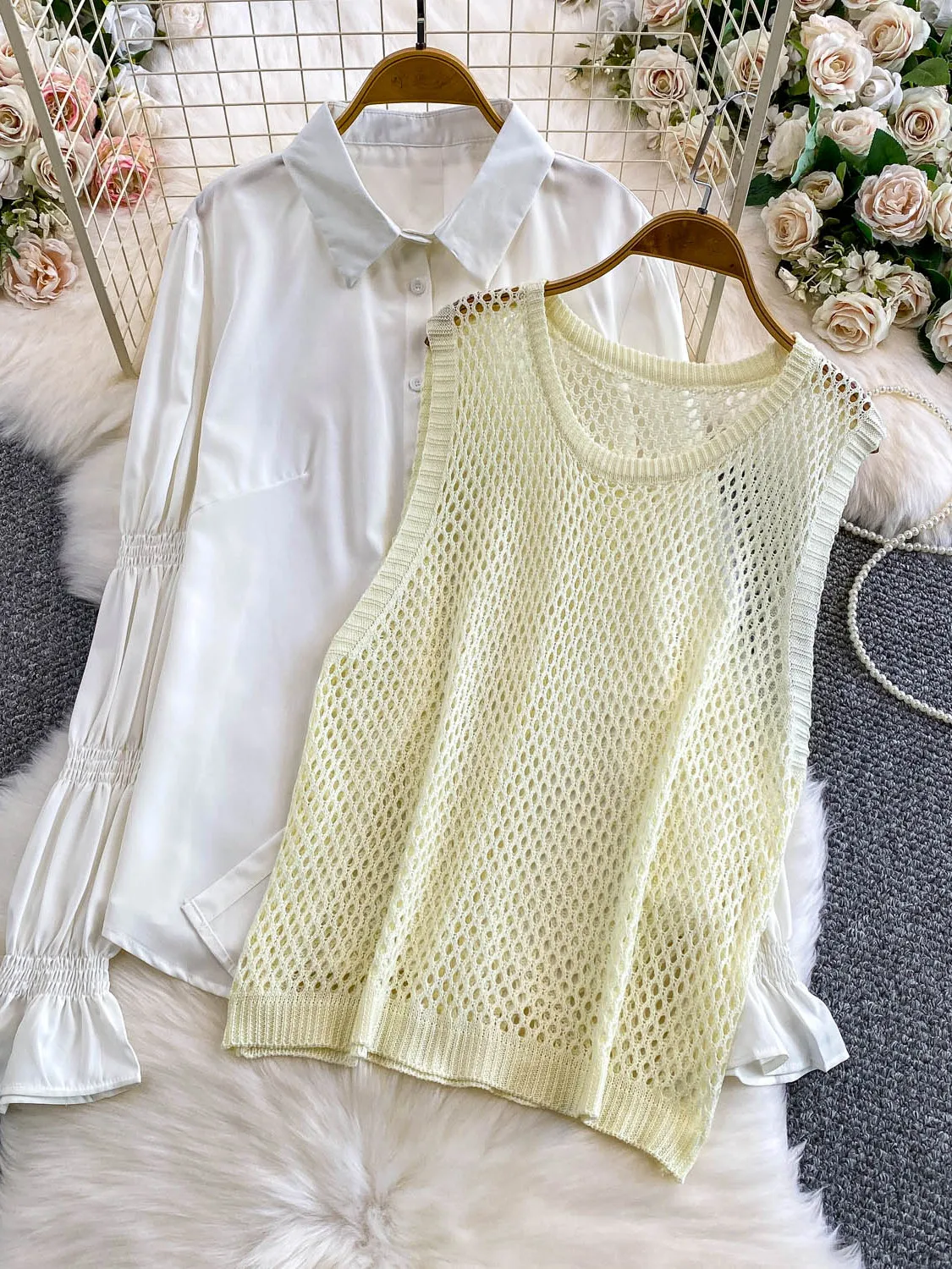 Chic White Lantern Sve irt Damen-Oberbekleidung, lockere, schlankmachende, hohle Strickweste, zweiteiliges Set, faionable Casual Sle