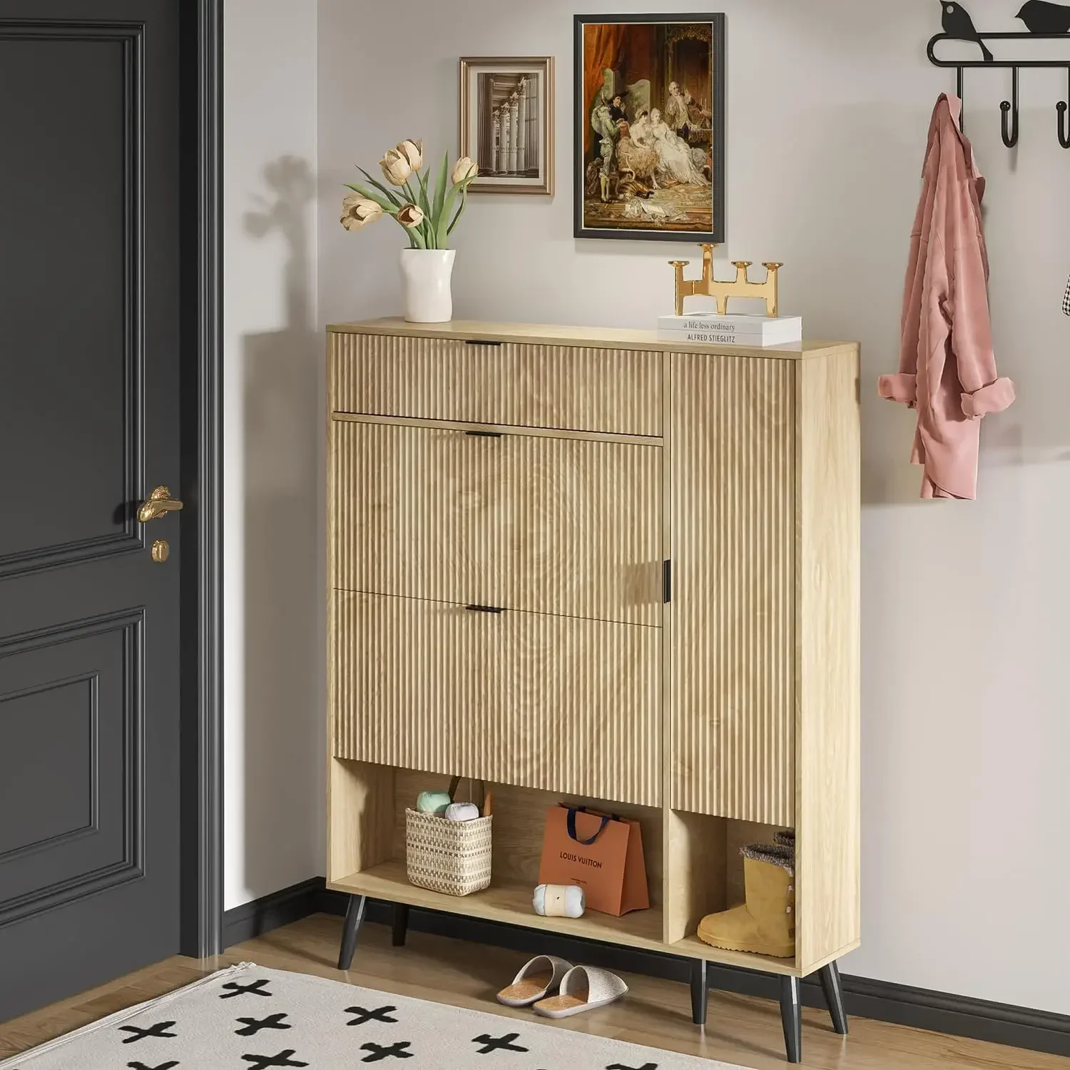 

Entryway Shoe Storage Cabinet Fluted Shoe Cabinet with 2 Flip Drawers Slim Shoe Storage with Doors (Beige)