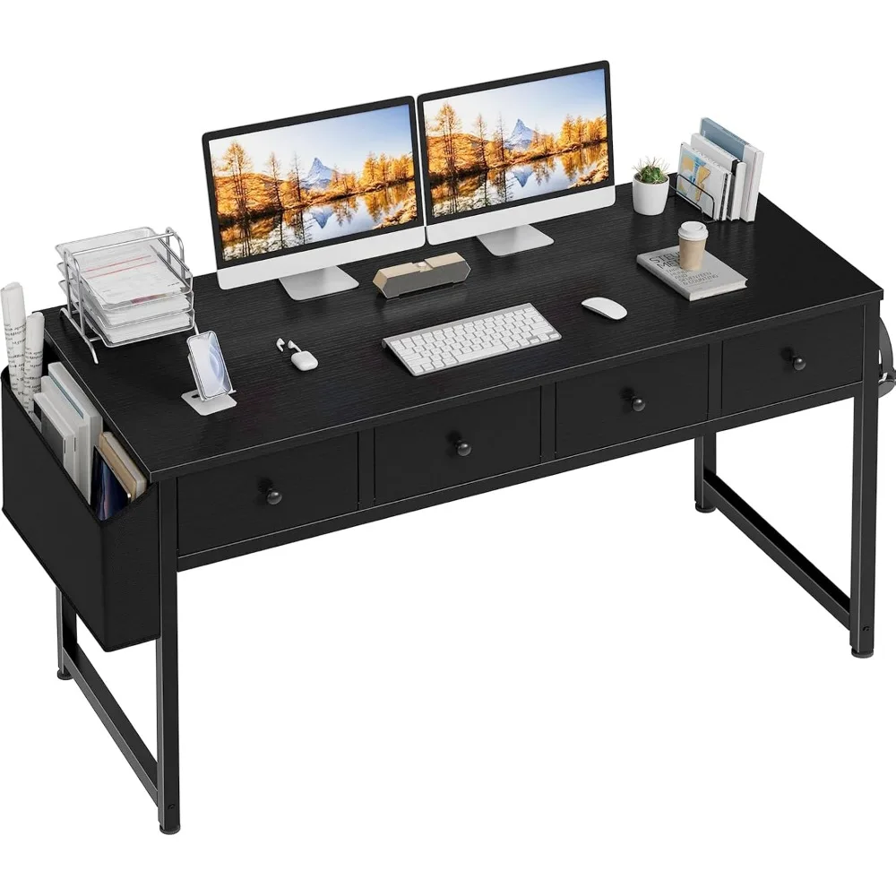 

Black Computer Desk with Fabric Drawers for Home Office Bedroom, 47 Inch Vanity Desk with Drawer Storage and Side Pouch, Study