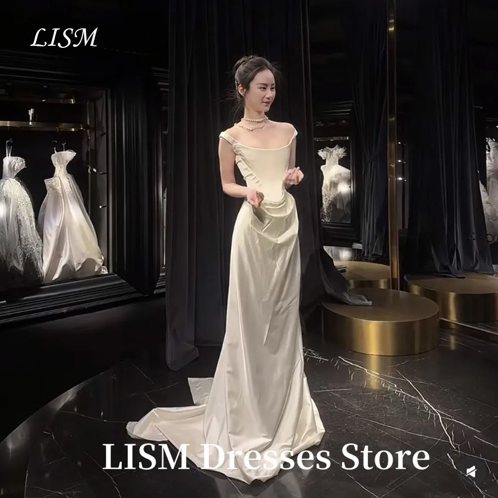 

LISM Simple A-Line Korea Wedding Dresses Spaghetti Strap Floor Length Soft Satin Elegant Bridal Gowns 웨딩드레스Customized Corsets