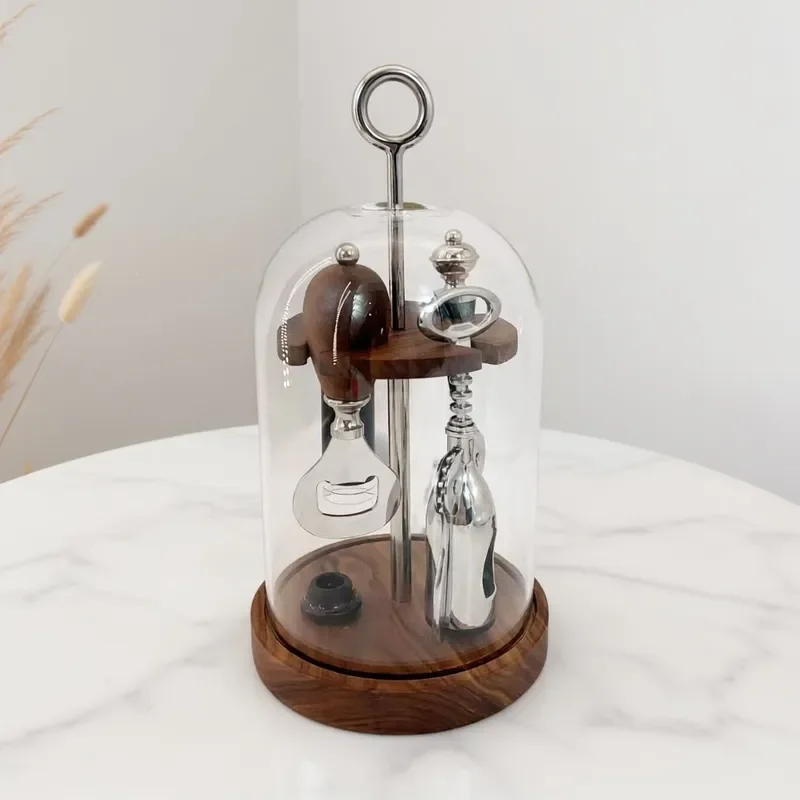Modern Walnut Glass Candle Holder with Stainless Steel Bottle Opener Decorative Ornament for Living Room Dining Table Office