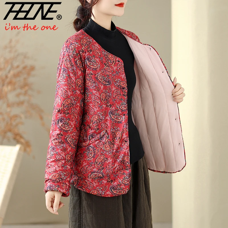 

THHONE New Autumn Winter Women Padded Jacket Print Pockets Warm Casual Loose Parkas Chinese Style Top Outerwear Women's Coats